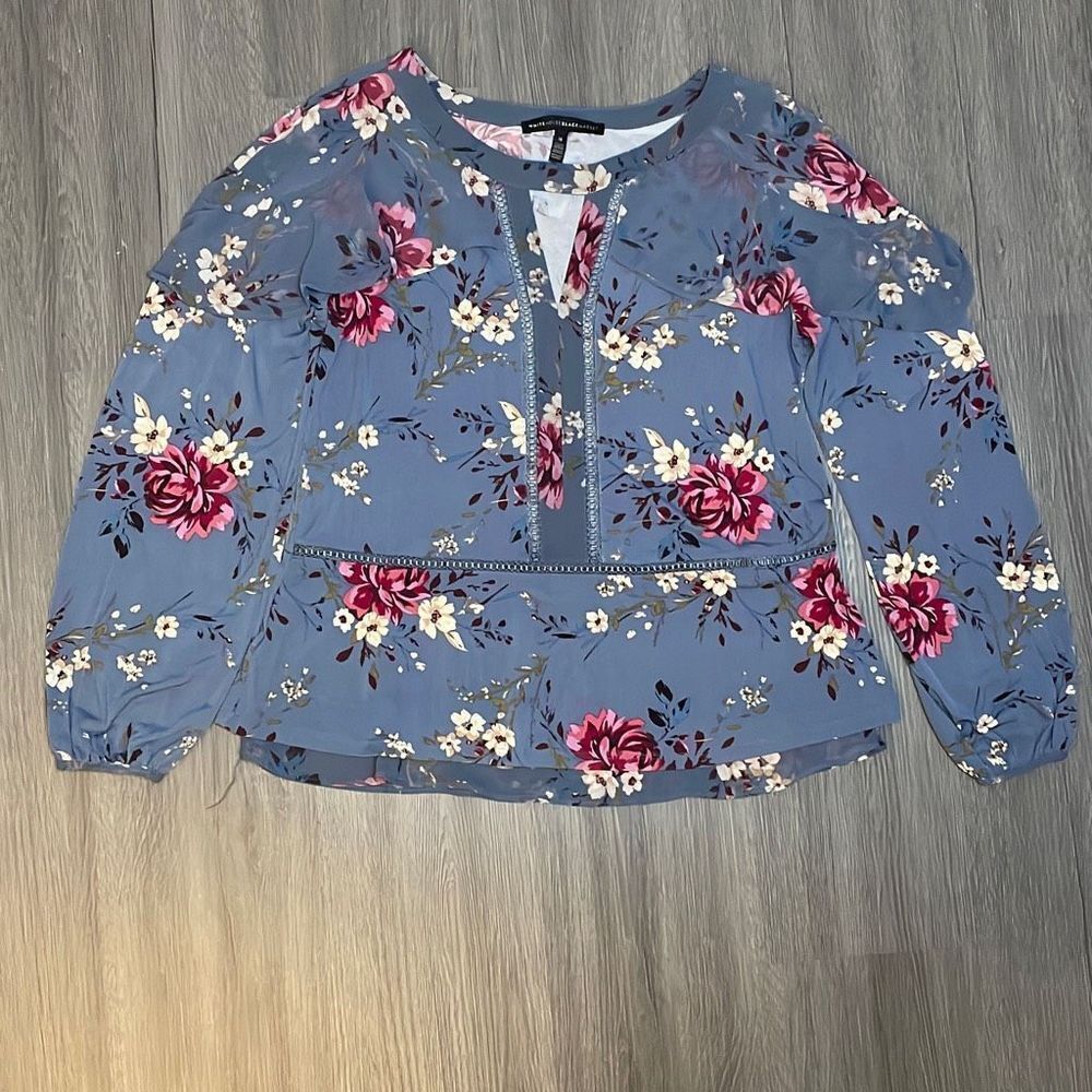 White House Black Market Floral Blue Blouse Work Professional Size Medium